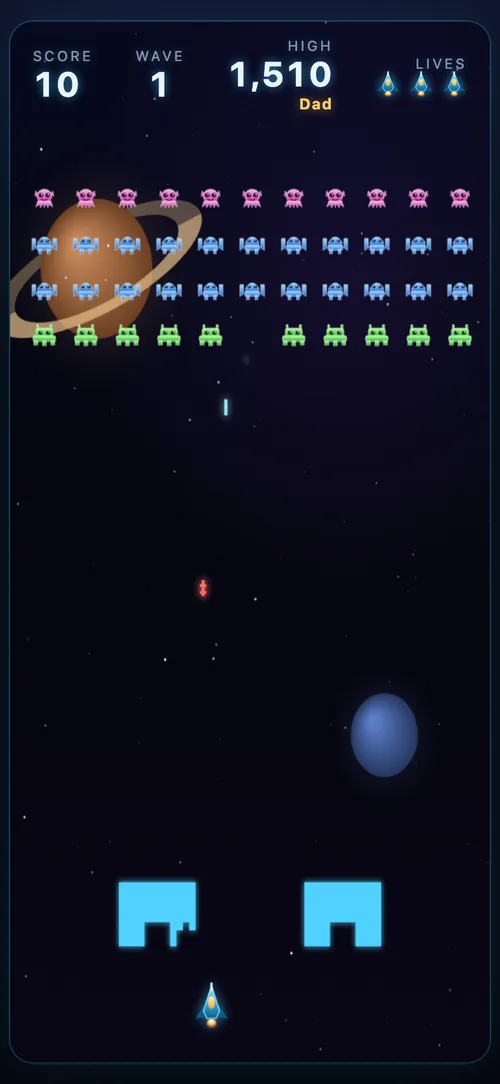Space Invaders at the start of a wave, with the invader grid intact above the bunkers