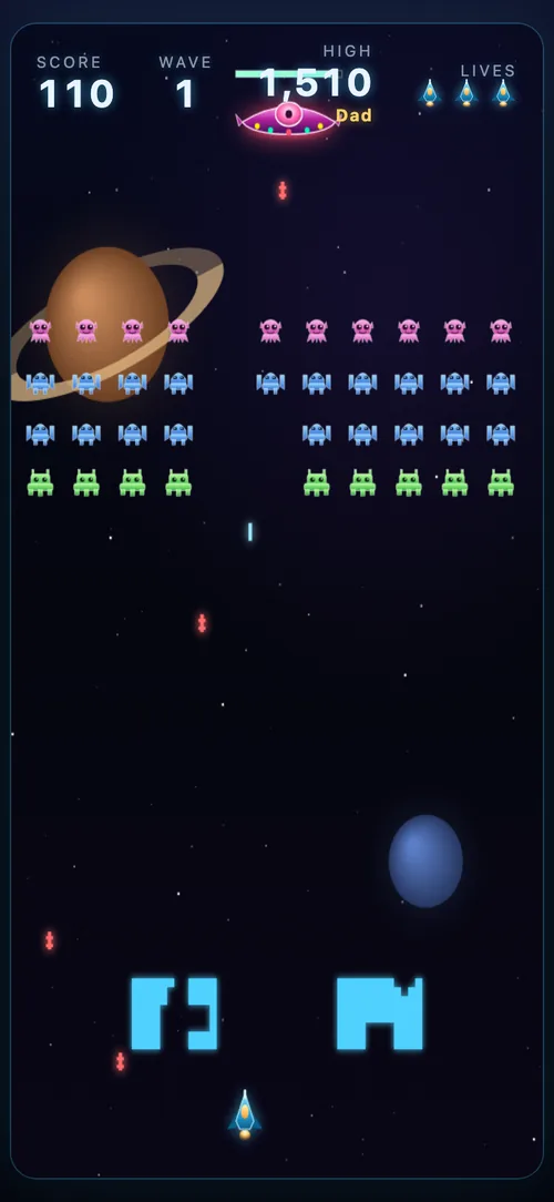 Space Invaders with the bonus UFO crossing the top of the screen and the bunkers eroded