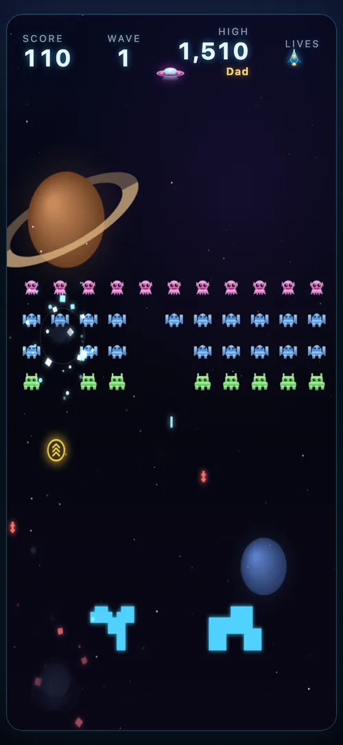 Neon Swarm mid-explosion with a power-up pod falling towards the ship