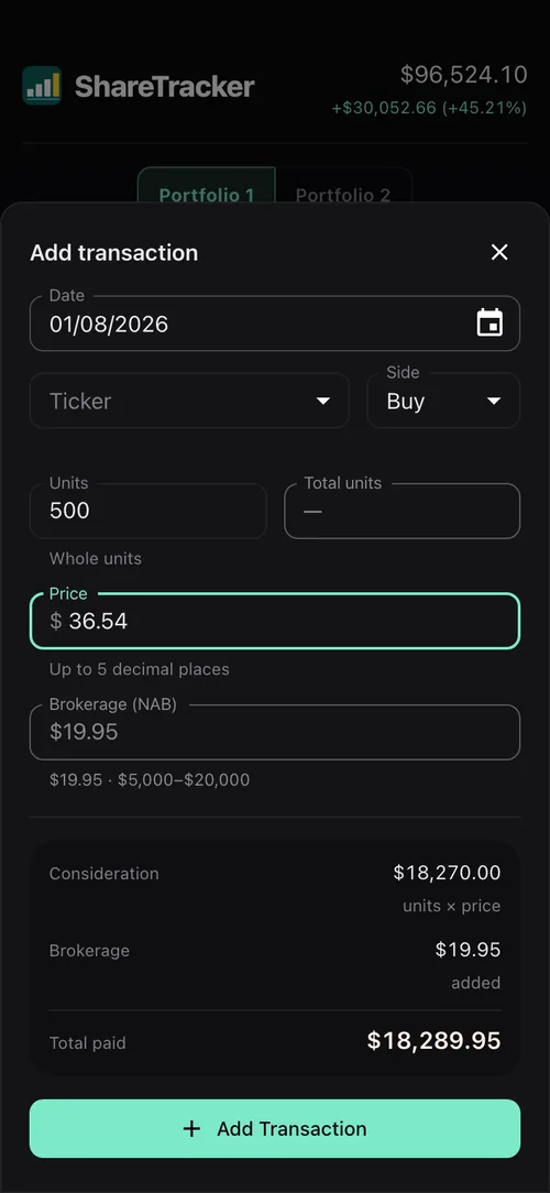 ShareTracker add-transaction sheet with units and price entered, brokerage and total paid calculated